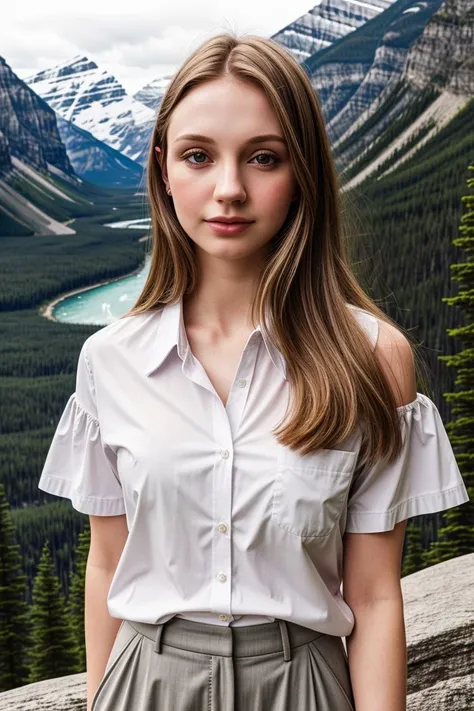 European woman, closeup, (shirt), pants, (banff national park), (), ZM_isabelle, wide shoulders, perfect face, (contact iris: 1.1), pale skin, skin pores , depth of field