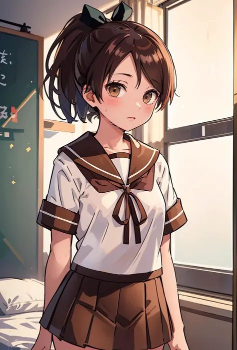 (masterpiece, best quality), 1girl,     <lora:shikinami:0.8> shikinamiKC, 1girl, solo,skirt, school uniform, ponytail, pleated skirt, serafuku, brown skirt, sailor collar,brown sailor collar,