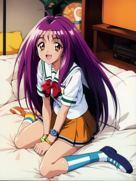 <lora:Kotobuki_Miyuki:0.8>, KotobukiMiyuki, school uniform, 1girl, socks, sitting, skirt, watch, bracelet, striped, wristwatch, solo focus, wariza, jewelry, orange skirt, 1990s (style), shoes, open mouth, bed, room,
masterpiece, high quality, very_high_res...