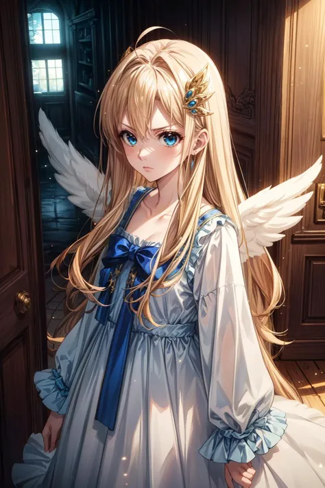 1girl, Standing in the doorway pose, Angry expression, <lora:Kizuki - The Rising of the Shield Hero - Filo:0.8> filo, blonde hair, ahoge, hair ornament, flat chest, bangs, long hair, angel wings, white dress, blue bow, sexy, adult, ((detailed)), ((best qua...