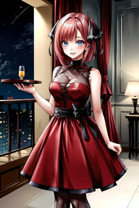 anime girl in red dress holding a tray with a glass of wine