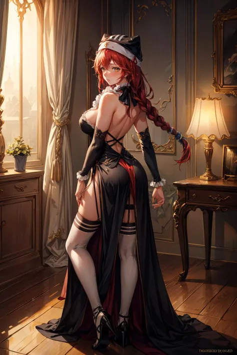 1girl, From behind ass up wait pose, full body, Wink, <lora:lupusregina_beta-10:0.8> lupusregina_beta, hat, large breasts, choker, thighhighs, blush, dress, cleavage, black dress, sexy, adult, ((detailed)), ((best quality)), ((masterpiece)),  (hires, high ...