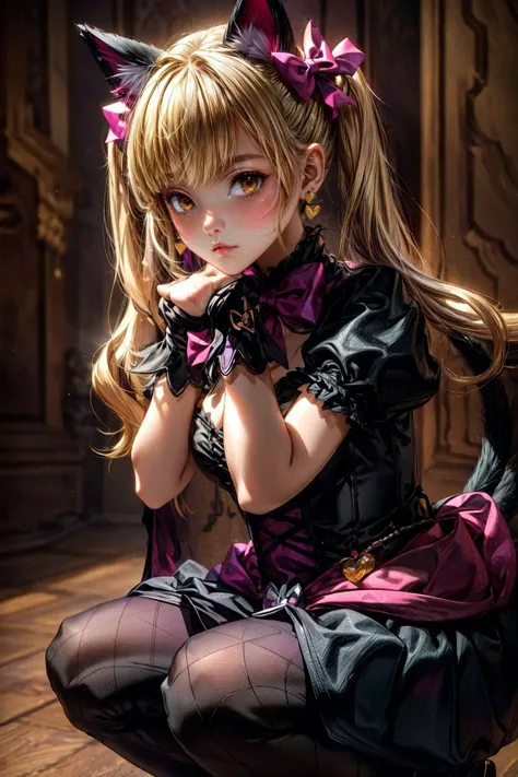 1girl, Squatting pose, squatting,  <lora:d.va_v1:0.8> ddhana, blonde hair, twintails, hair bow, animal ears, whisker markings, heart earrings, cat tail, bowtie, pink bow, cleavage, gothic, black dress, short sleeves, puffy sleeves, black gloves, purple ski...