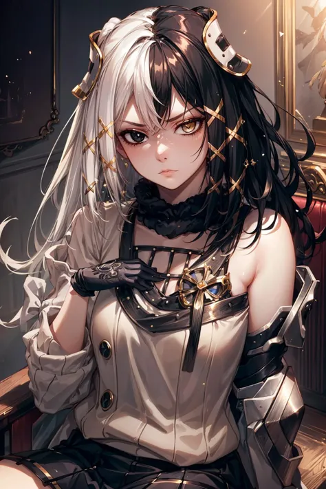 anime girl with long hair sitting on a bench with a chain around her neck