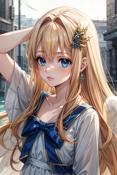 1girl, Arms above head pose, Petite body, Biting lip, <lora:Kizuki - The Rising of the Shield Hero - Filo:0.8> filo, blonde hair, ahoge, hair ornament, flat chest, bangs, long hair, angel wings, white dress, blue bow, sexy, adult, ((detailed)), ((best qual...