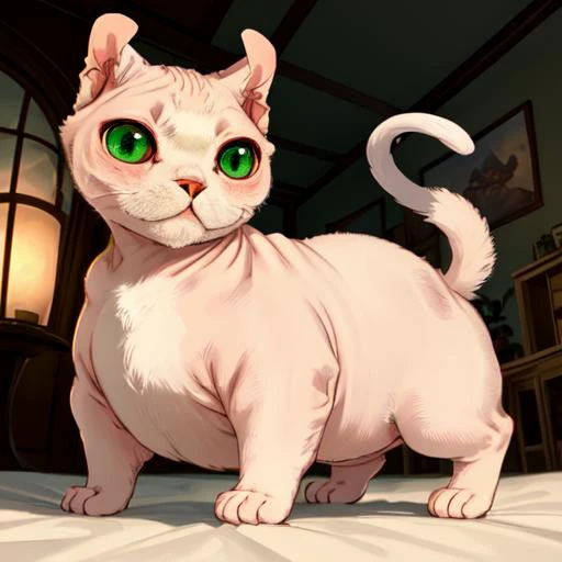 there is a cat with green eyes standing on a bed