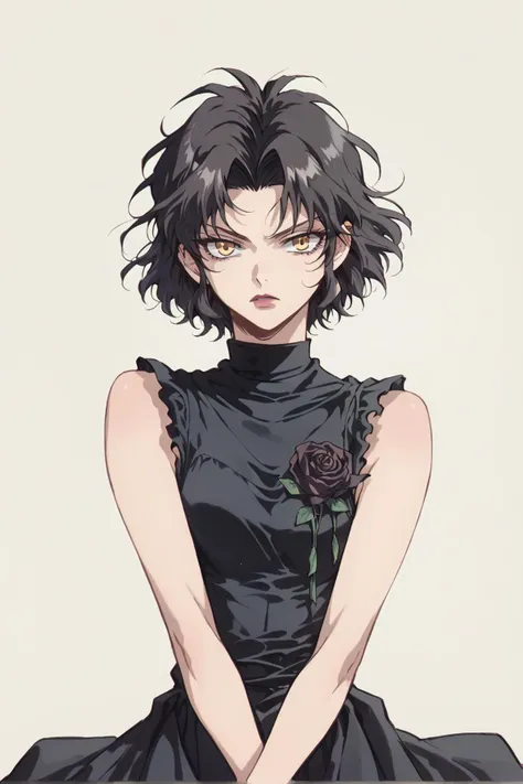 1girl, chane_laforet, chanedress, sleeveless, black dress, black rose, short hair, yellow eyes <lora:chane laforet pony xl-00000...