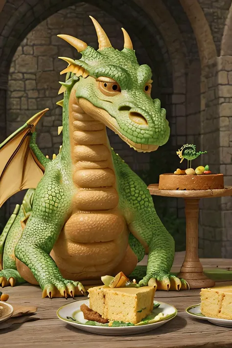 there is a green dragon statue sitting on a table with a cake