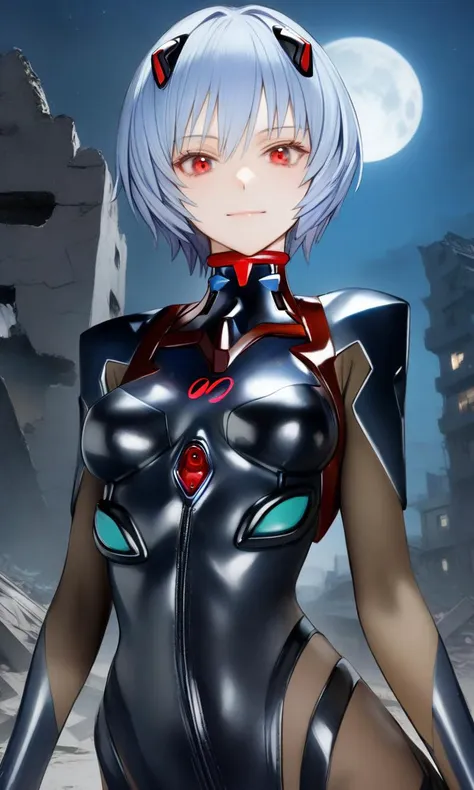 1girl, reishin, blue hair, red eyes, 
plugsuit, 
looking at viewer, light smile, upper body, straight-on, 
outdoors, ruins, nigh...