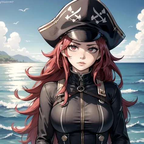 anime girl in pirate hat standing on the beach with ocean in background