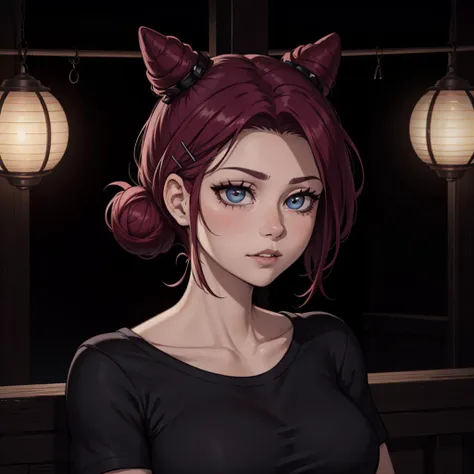 anime girl with red hair and horns in a black dress