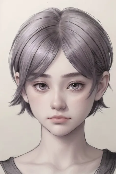 a drawing of a girl with grey hair and a gray top