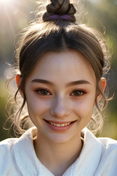 <lora:Dasha-000006:.9> Dasha, focus on eyes, close up on face, huge smile, pale heather color hair styled messy top knot, lens flare,