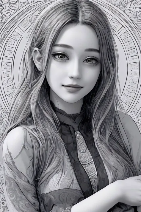 (zentangle style, patterned, intricate, detailed, black and white:1.2) <lora:Dasha-000006:.9> Dasha, focus on eyes, close up on face, huge smile, wearing jewelry, Apricot cream color hair styled fishtail braid hair, lens flare,