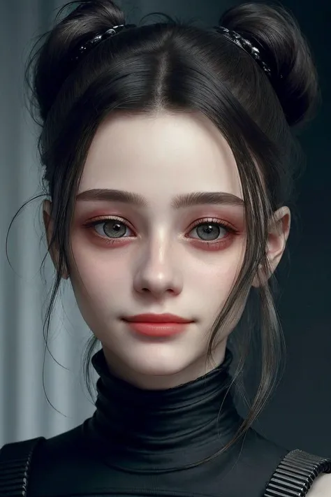 (dystopian depiction of, dark, bleak, futuristic, detailed:1.2) <lora:Dasha-000006:.9> Dasha, focus on eyes, close up on face, smile, wearing jewelry, hair styled bouffant ponytail, soft focus,