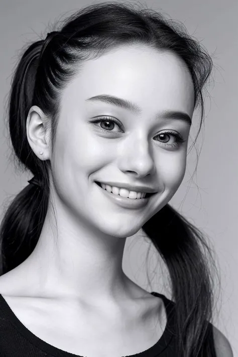 <lora:Dasha-000006:.9> Dasha, focus on eyes, close up on face, smile, hair styled side ponytail, black and white,