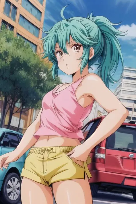 a woman with blue hair and green hair standing in front of a car