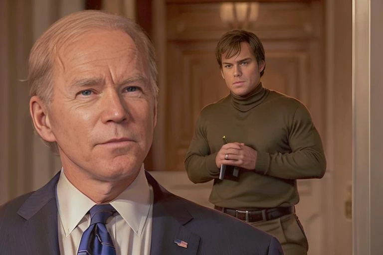 ((2 different people)), Masterpiece, (ultra realistic:1.3) (photo of politician President Joe Biden (wearing a nice suit)) giving a speech.
AND A man is sneaking up behind him, (MCHasDex) is ((wearing a dark brown turtleneck shirt and wearing khaki pants))...