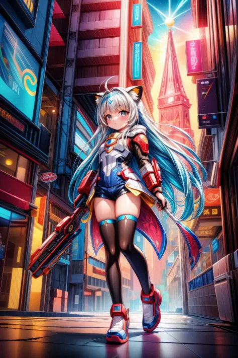 1girl, colorful Unreal Engine, concept art, High exposure of a Heartwarming [Gorgeous:Distinguished:1] ([anthropomorphic Russian Blue Cat:Apollo Musagetes:4] of Paradise:1.3) , Supernova remnant background, Cyberpunk cityscape and street, at Dawn, tilt shi...