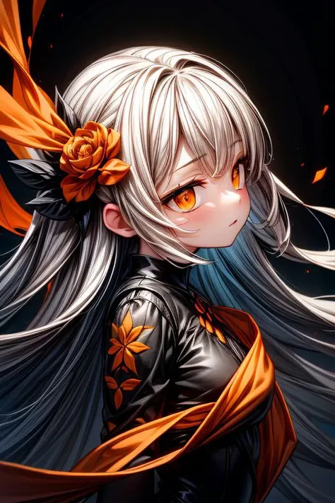 (greyscale:1.1), (black and orange theme:1.3), best quality,Epic,highly detail,Illustration,Cover,enigmatic figure,draped in translucent fabric,crystals adorning hair,dreamlike swirl,pastel hues,soft light,evoking calm serenity and elusive beauty,Non-repre...