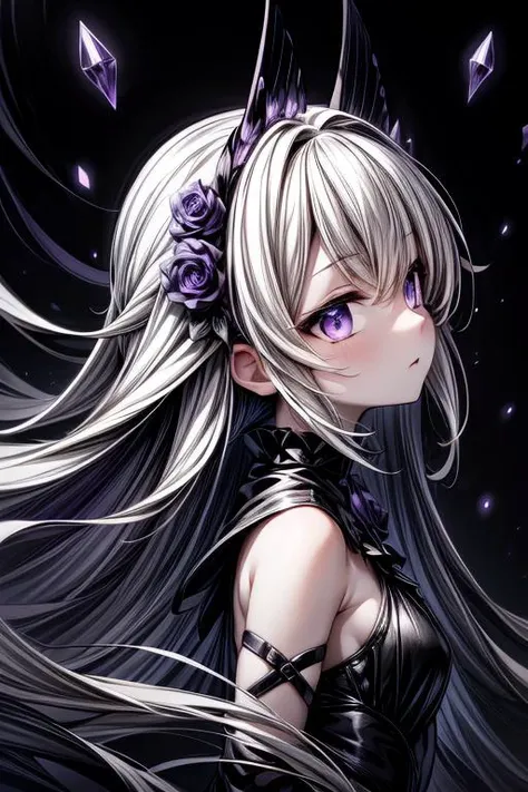 (greyscale:1.1), (black and purple theme:1.3), best quality,Epic,highly detail,Illustration,Cover,enigmatic figure,draped in translucent fabric,crystals adorning hair,dreamlike swirl,pastel hues,soft light,evoking calm serenity and elusive beauty,Non-repre...