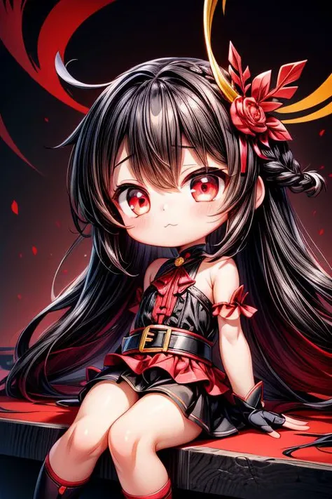 (black and red theme:1.2),MegaKawaii,EarthKawaii,1girl,solo,(cute,petite,kawaii:1.4),:3,long_hair,french_braid,red_abyss_eyes,dual_colored_eyes,black_hair,red_skirt,black_frilled_shirt,black_fingerless_gloves,gold_trim,shoulder_sash,((Detailed)), ((Spectac...