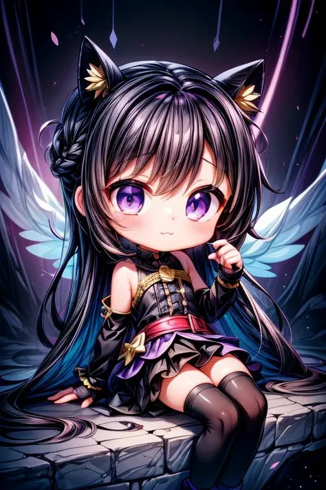 (black and purple theme:1.2),MegaKawaii,EarthKawaii,1girl,solo,(cute,petite,chibi,kawaii:1.4),:3,long_hair,french_braid,purple_abyss_eyes,dual_colored_eyes,black_hair,purple_skirt,black_frilled_shirt,black_fingerless_gloves,gold_trim,shoulder_sash,((Detail...