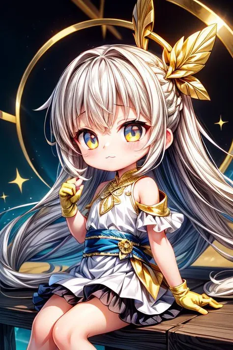 (white and gold theme:1.2),MegaKawaii,EarthKawaii,1girl,solo,(cute,petite,kawaii:1.2),:3,long_hair,french_braid,gold_abyss_eyes,dual_colored_eyes,white_hair,gold_skirt,white_frilled_shirt,white_fingerless_gloves,gold_trim,shoulder_sash,((Detailed)), ((Spec...