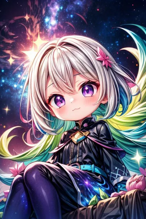 EarthKawaii,(blue and purple and pink theme, nebula, galaxy:1.3),1girl,cute,kawaii,:3,vibrant universe,colors beyond reality,pulsating backdrop,sparkling magic,adventure,joy,curiosity,kaleidoscope patterns,multicolored hair,shimmering strands,wide eyes,sur...