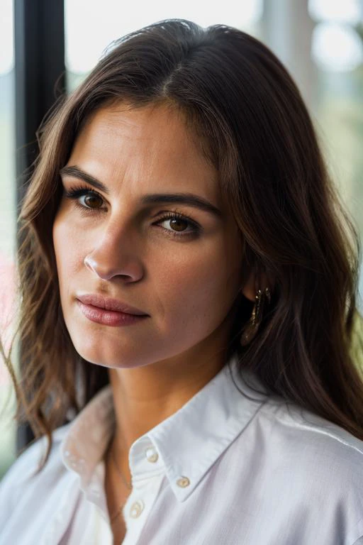 Realistic photo of a beautiful jul14r-v2 woman,   solo, looking at viewer, brown hair, shirt, 1boy, brown eyes, closed mouth, white shirt, upper body, male focus, collared shirt, indoors, lips, window, realistic, soft lighting, professional Photography, Ph...