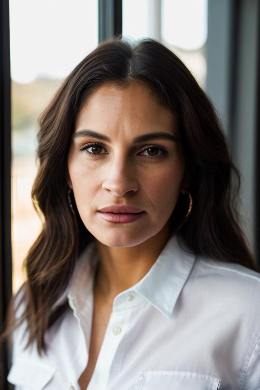 Realistic photo of a beautiful jul14r-v2 woman,   solo, looking at viewer, brown hair, shirt, 1boy, brown eyes, closed mouth, white shirt, upper body, male focus, collared shirt, indoors, lips, window, realistic, soft lighting, professional Photography, Ph...