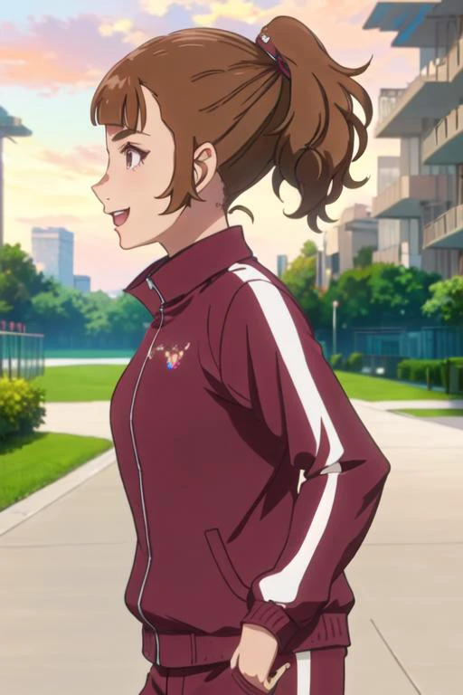 best quality, masterpiece, highres, solo, {saotome_ichina_birdiewinggolfgirlsstory:1.15}, brown_hair, short_hair, ponytail, bangs, open_mouth, brown_eyes, 1girl, jacket, profile, track_jacket, smile, track_suit