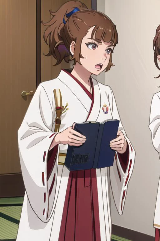 best quality, masterpiece, highres, solo, {white kimono:1.35}, {red hakama:1.35}, {wide sleeves:1.20}, {saotome_ichina_birdiewinggolfgirlsstory:1.15}, brown_hair, short_hair, ponytail, bangs, open_mouth, brown_eyes