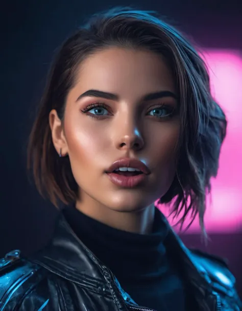 nude woman, lusful look, bob hair, sensual smile, spitline in mouth, tongue tip out of mouth, tongue between teeth, like before a kiss, few cute freckles, dramatic blue key light, cyberpunk aesthetic, photo of beautiful young cute cyberpunk lady, cibi, bab...