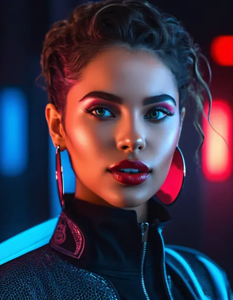 Marta Syrko style, extremely sexy, bright clothes, african woman, lusful look, short and long curly hair, sensual smile, spitline in mouth, tongue tip out of mouth, tongue between teeth, like before a kiss, few cute freckles, dramatic blue key light, cyber...