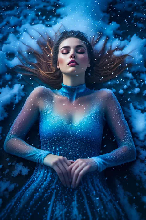 a beautiful woman lies on her back, (melting into the snow:1.9), (shrouded in mist:1.9), wearing a colorful full body suit,

full body view, overhead view, night, aurora,

realistic photo,
<lora:perfect hands 2:0.7>