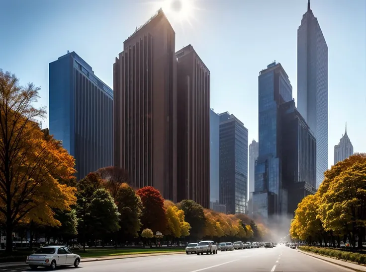 cars driving down a city street in the middle of a city