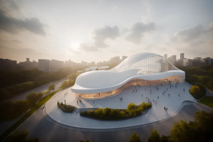 a large white building with a curved roof and a lot of people walking around it