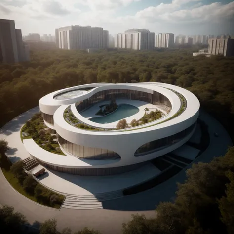 a large circular building with a pool in the middle of it