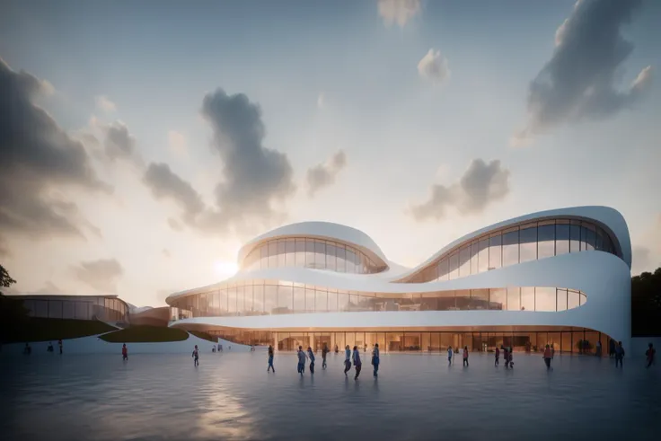 a rendering of a building with a curved roof and a lot of people walking around it