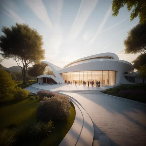 a rendering of a building with a curved walkway and a walkway leading to it