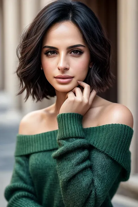 photo of beautiful (amalmah3r:0.99), a woman in a (roman city:1.1), perfect hair, hair blowing in the wind, wearing (green sweater off-shoulder), modelshoot style, (extremely detailed CG unity 8k wallpaper), professional majestic (photography by  lee fried...