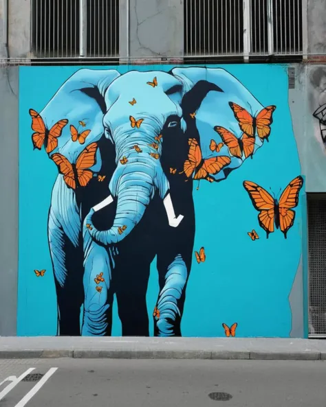 An urban masterpiece:0.7, portraying a surrealistic elephant:0.5 with butterfly wings:0.4, evoking the juxtaposition of strength and fragility:0.3, rendered with meticulous attention to detail:0.2.<lora:Street_Art:1.0>