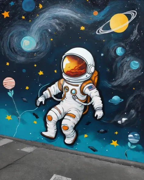 Street art infused with a sense of wonder:0.6, portraying a whimsical astronaut:0.4 floating among a sea of stars:0.4, capturing the childlike curiosity and awe of space exploration:0.3, executed with playful and imaginative strokes:0.2.<lora:Street_Art:1....