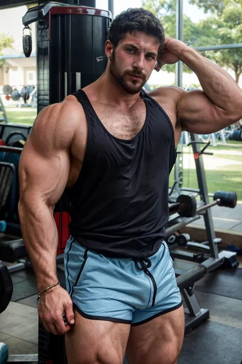 gianluca_antonelli, beard, upper body, muscular, blue eyes, broad shoulders, big biceps, ear piercing, black tank top, shorts, gym, sweaty, exercise, dynamic pose,, realistic, masterpiece, intricate details, detailed background, depth of field, photo of a ...