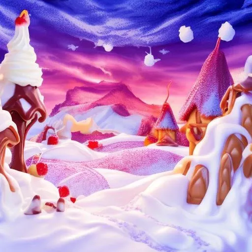 <lora:foodshot:1> a winter landscape  made of sugar,chocolate,  milk, whipped cream, cherrie