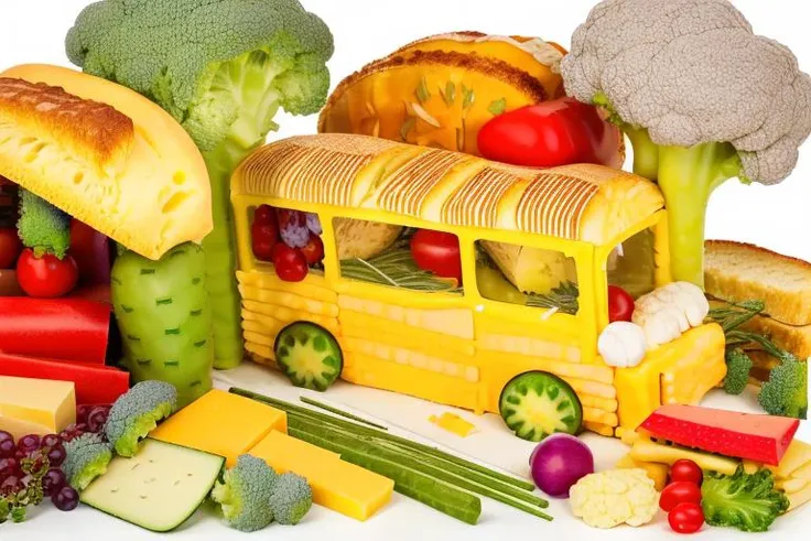 <lora:foodshot:1> a bus made of food, bread, veggies, fruits, cheese