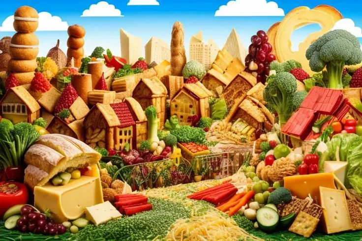 <lora:foodshot:0.5> a city landscape  made of food, bread, veggies, fruits, cheese