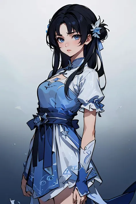 masterpiece,best quality,extremely detailed 8K wallpaper,1girl,zhaolinger,blue and white dress,black hair,standing,looking at viewer, <lora:zhaolinger:0.8>,