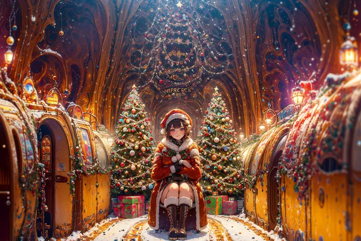 best quality, 1girl, mature female, santa plush hug, short hair, messy hair, bicolor eyes, christmas tree, sitting above vehicle, crossed legs, fur boots, (tunnel, european architecture, moscow metro:1.3), scarf, solo, evil smile, intricate coat, fur coat,...